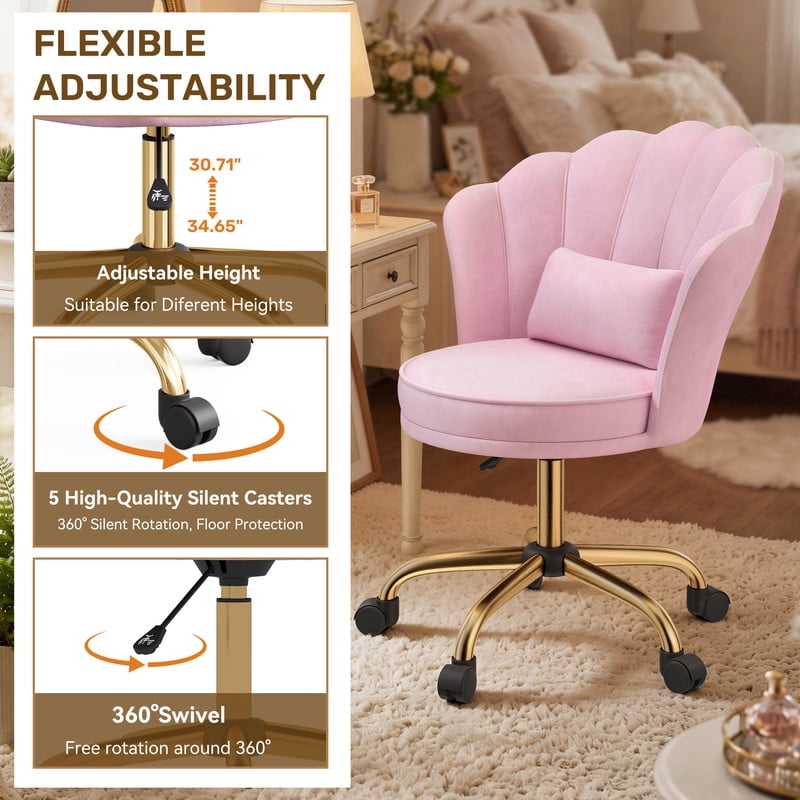 Hawsaiy Shell Back Home Office Chair with Lumbar Pillow, Modern Upholstered Desk Chair with Gold Metal Base, Swivel Adjustable Computer Chair for Home Office, Pink