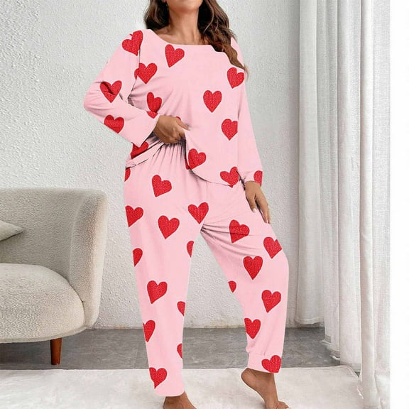 Qulqfy Womens Pajama Set Soft Cute Plus Size Valentine Day Red Long Sleeve Crew Neck Tops and Cuffed Pants Heart Print Sleepwear Womens Loungewear Set L