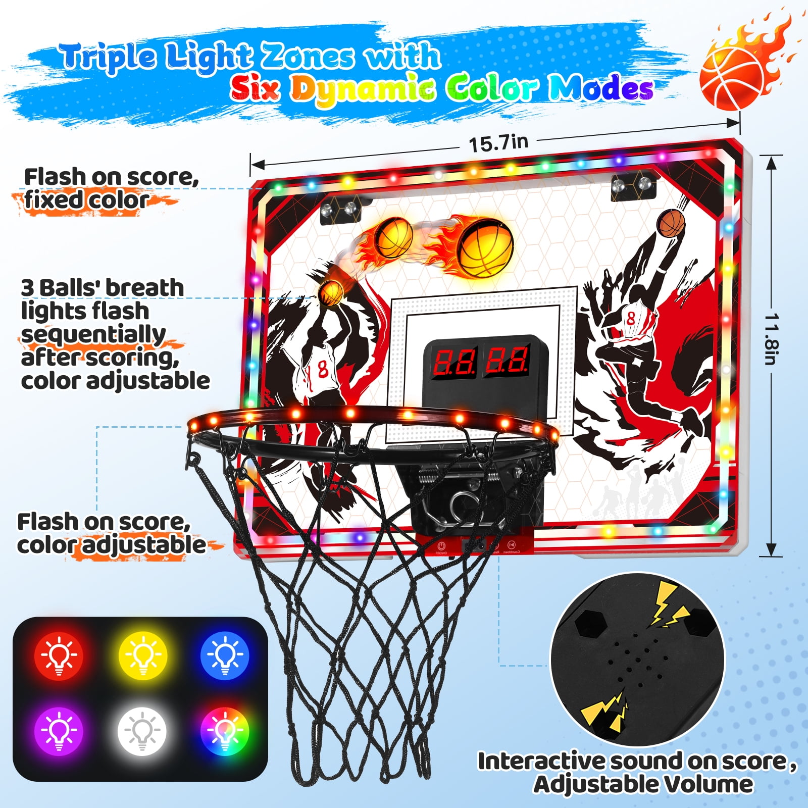 Quiet Flower Toy Basketball Hoop Over Door Indoor with LED Light, Scoreboard, 6 Modes, 3 Balls, 1-Pack