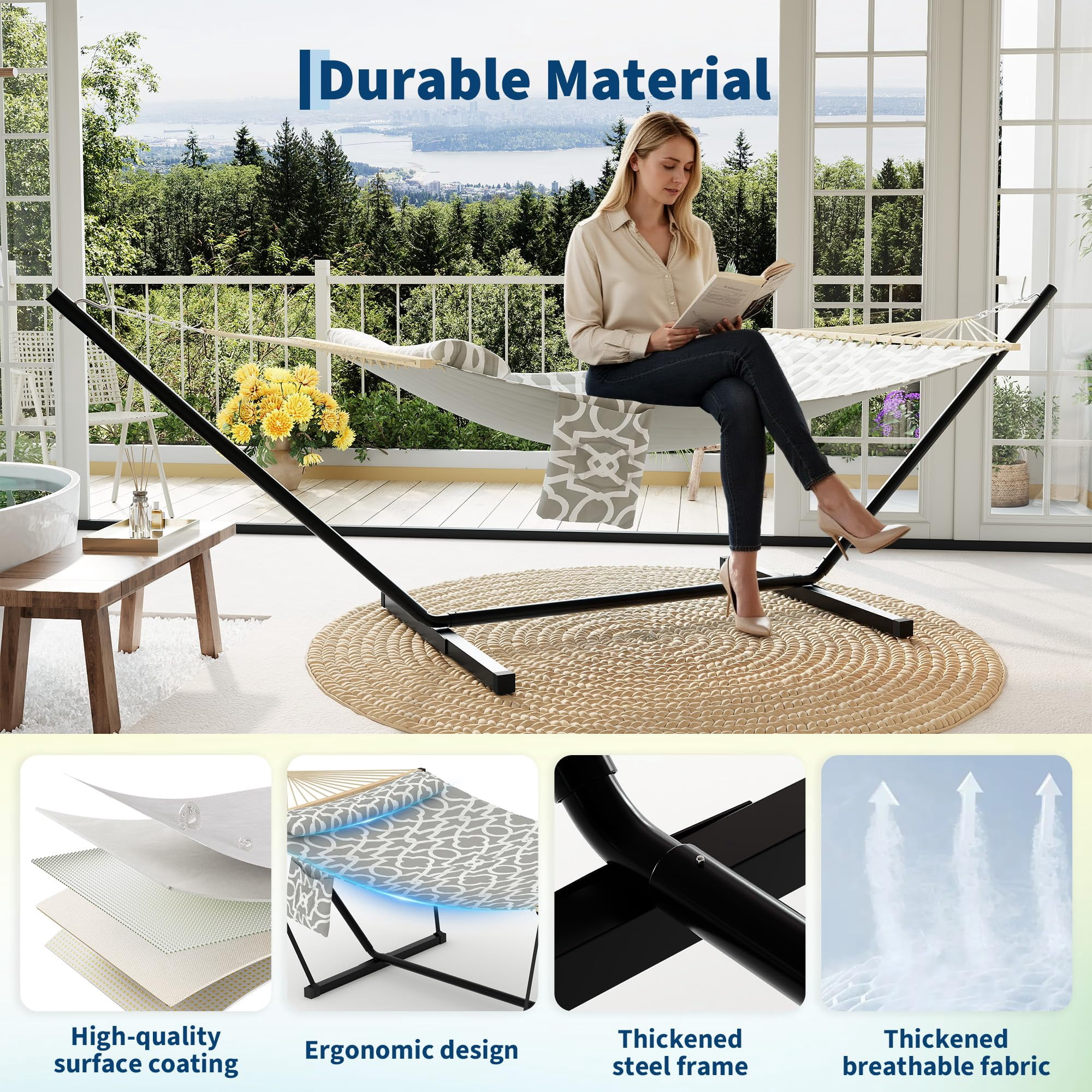 Double Hammock with Stand – Heavy Duty Portable 2-Person Hammock, Adjustable Steel Stand – for Outdoor, Patio, Garden, Beach, Backyard