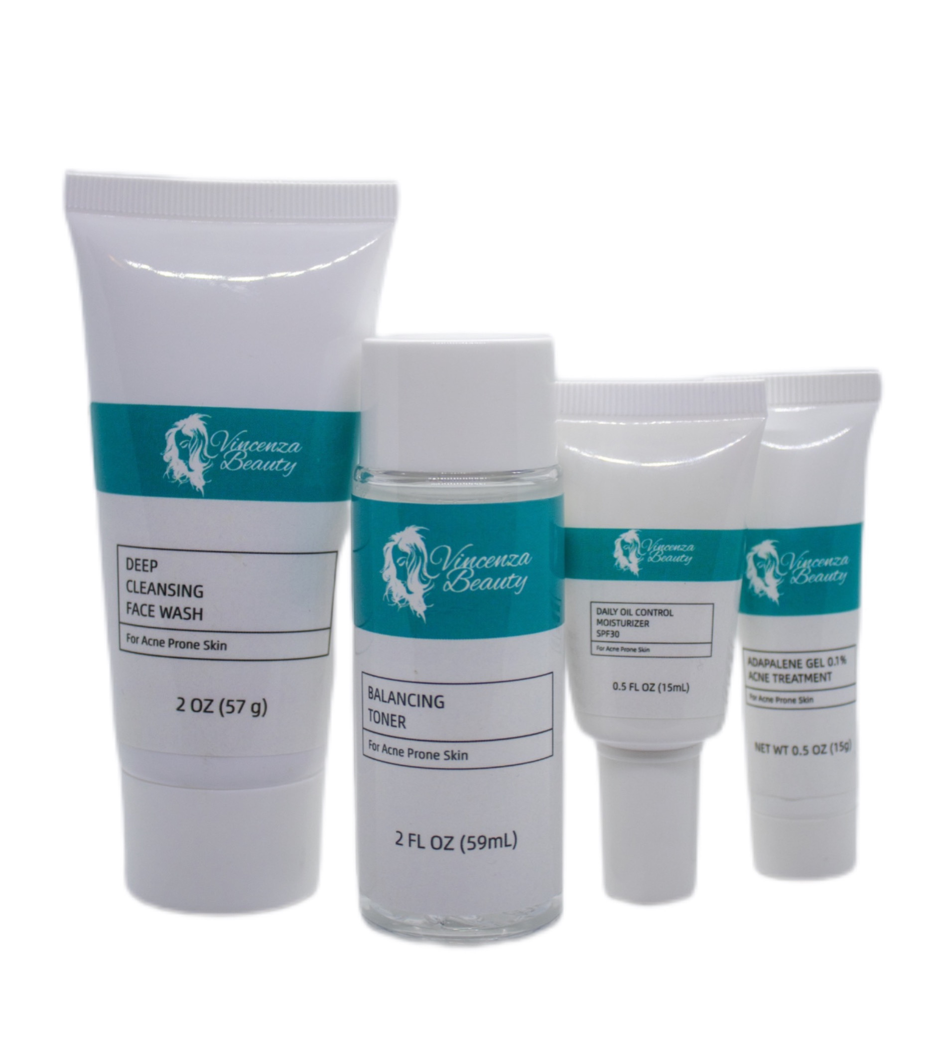 Vincenza Beauty 4 PC Acne Set with Salicylic Acid and Adapalene Gel 0.1