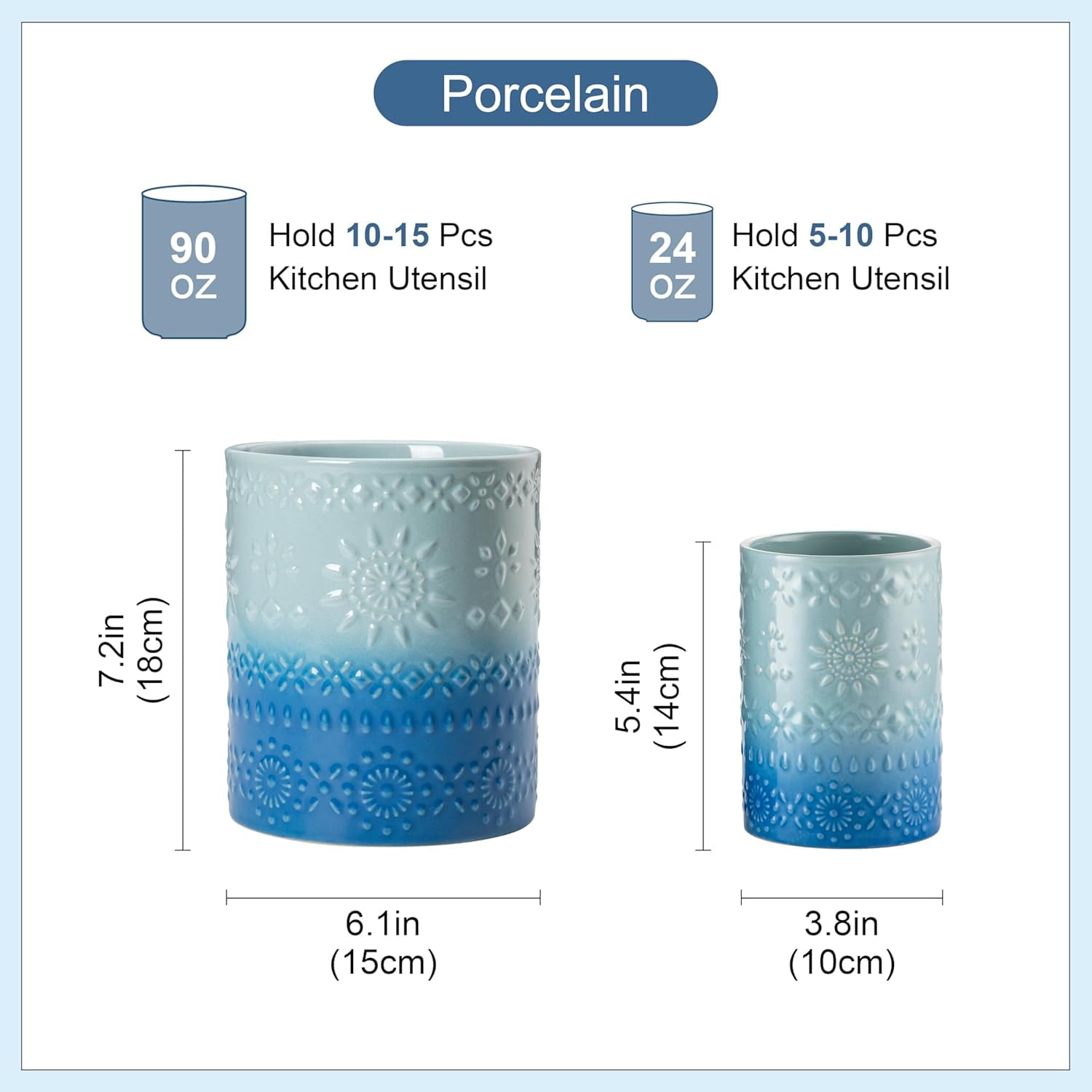 KitchenKey Utensil Holder, 7.2"+5.4" Ceramic Utensil Holder for Countertop, Large Cooking Utensil Crocks for Kitchen Counter, Farmhouse Utensil Vase for Housewarming, Kitchen Decor, Set of 2, Oceans