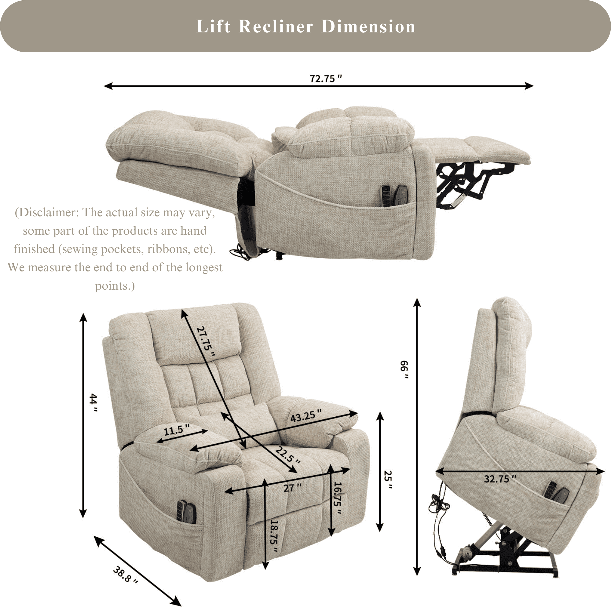 JUUXO 4-Motor Power Lift Chair with Heat & Massage - Power Adjustable Headrest, Backrest, Lumbar & Footrest - 27-inch Wide Seat Lay Flat Recliner with Cup Holders - Big Tall 400 lbs