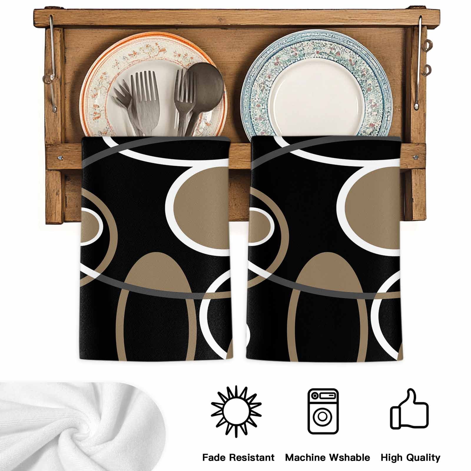 Dish Towels, Black Brown Circle Absorbent Kitchen Towels 2 PCS, Geometri Stripe Lines Abstract Art Microfiber Hand Towels Dish Cloths Tea Towels for Home&nbsp;Bathroom Cleaning Drying,18X28-Inch,