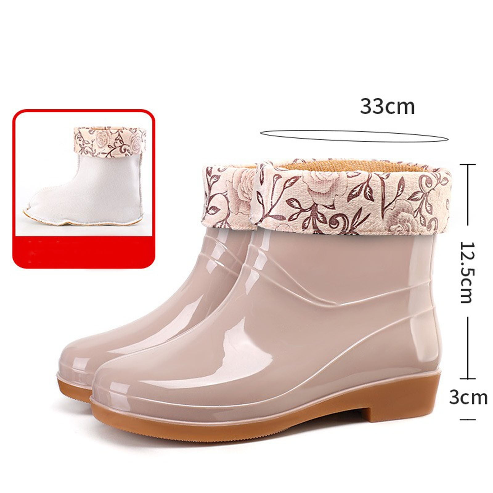 Winter Short Rain Boots for Women with Lined Floral Waterproof Rubber Outdoor Garden Ankle Booties Shoes