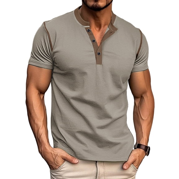 Handshe Men's Short Sleeve Henley Shirt, Solid and Color Block Design for Everyday Wear