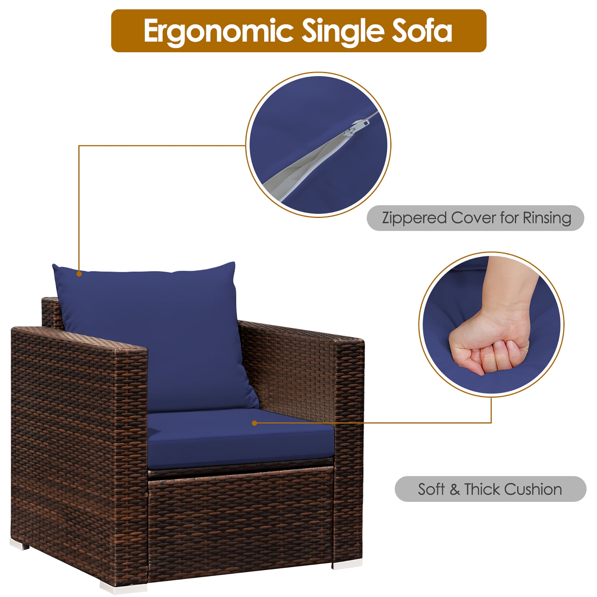 Costway 3PCS Patio Rattan Furniture Set Conversation Sofa Cushioned Navy