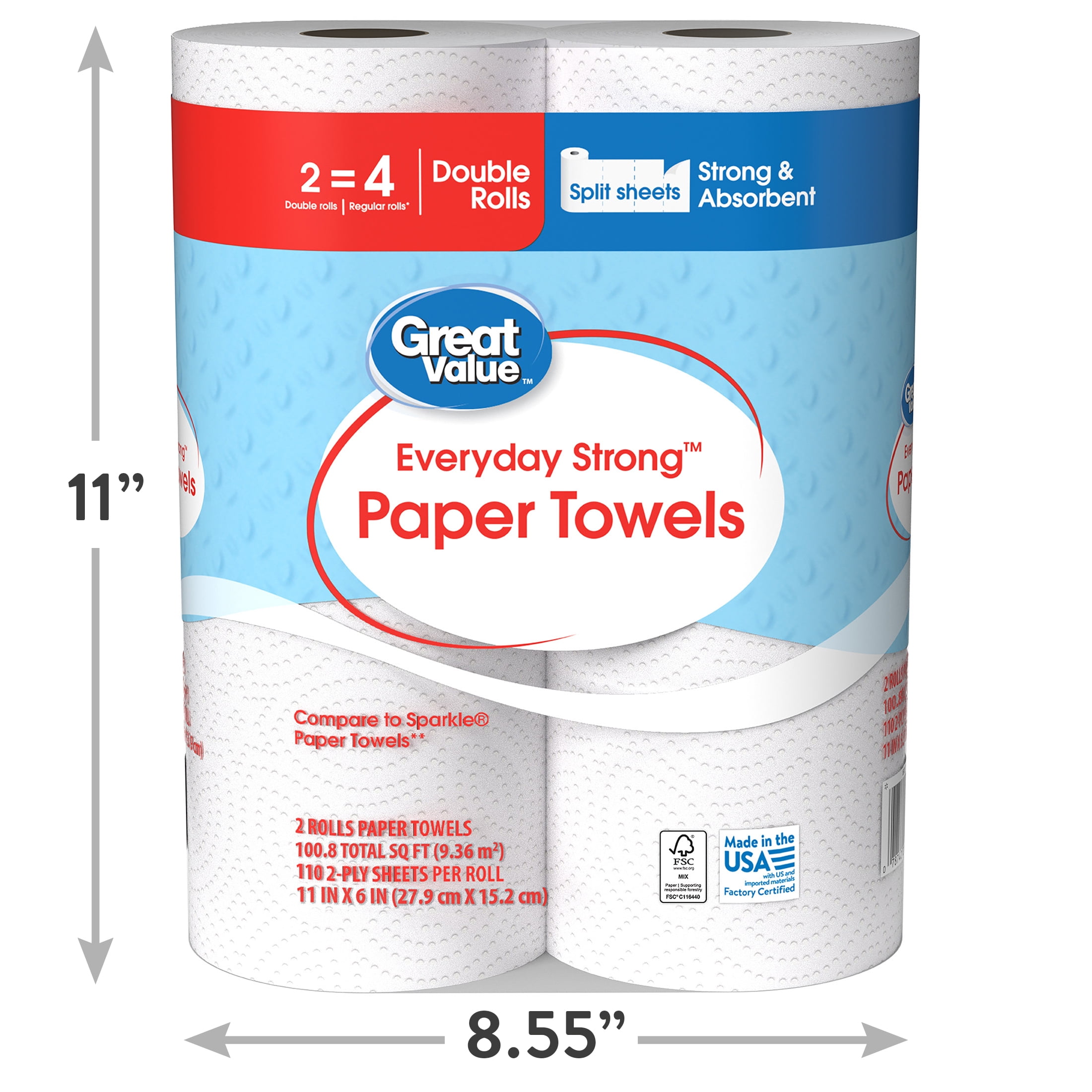 Great Value Everyday Strong Paper Towels, 2 Double Rolls