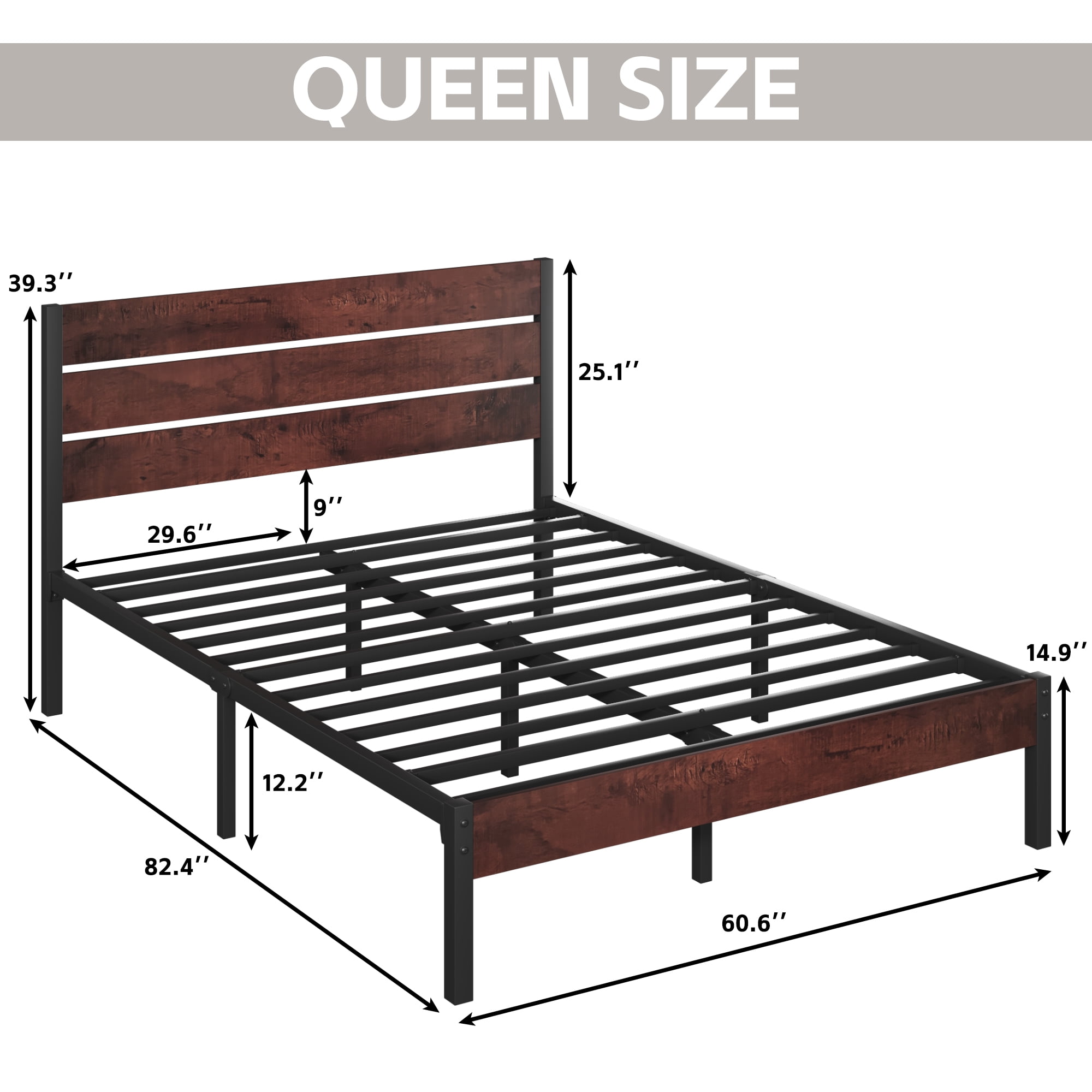 Fluest Queen Bed Frame with Rustic Vintage Wood Headboard and Footboard,Metal Support, VintageBrown