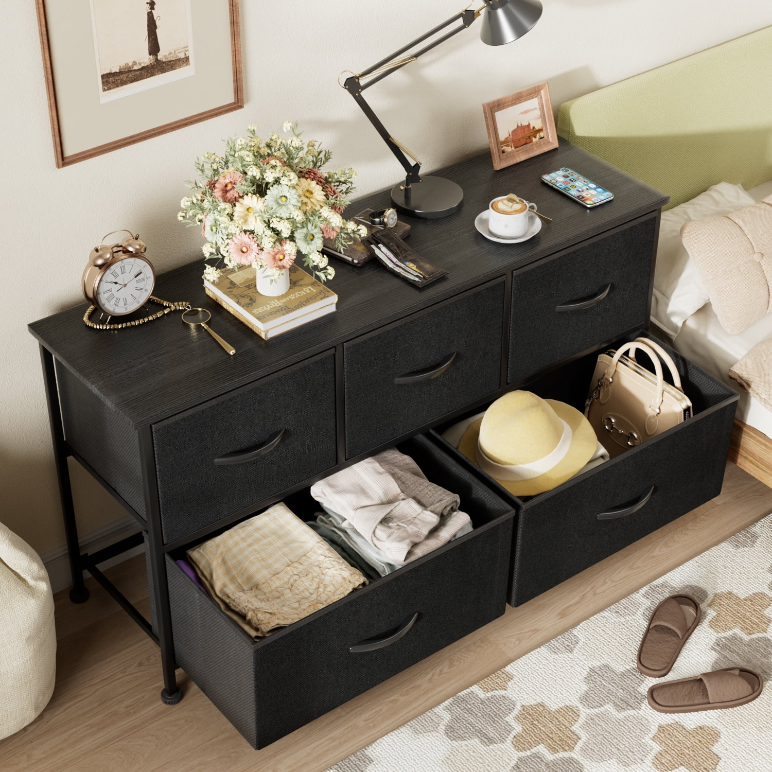 EYIW Modern 5 Drawers Wood Dresser with Solid Wood Handles, Foot
