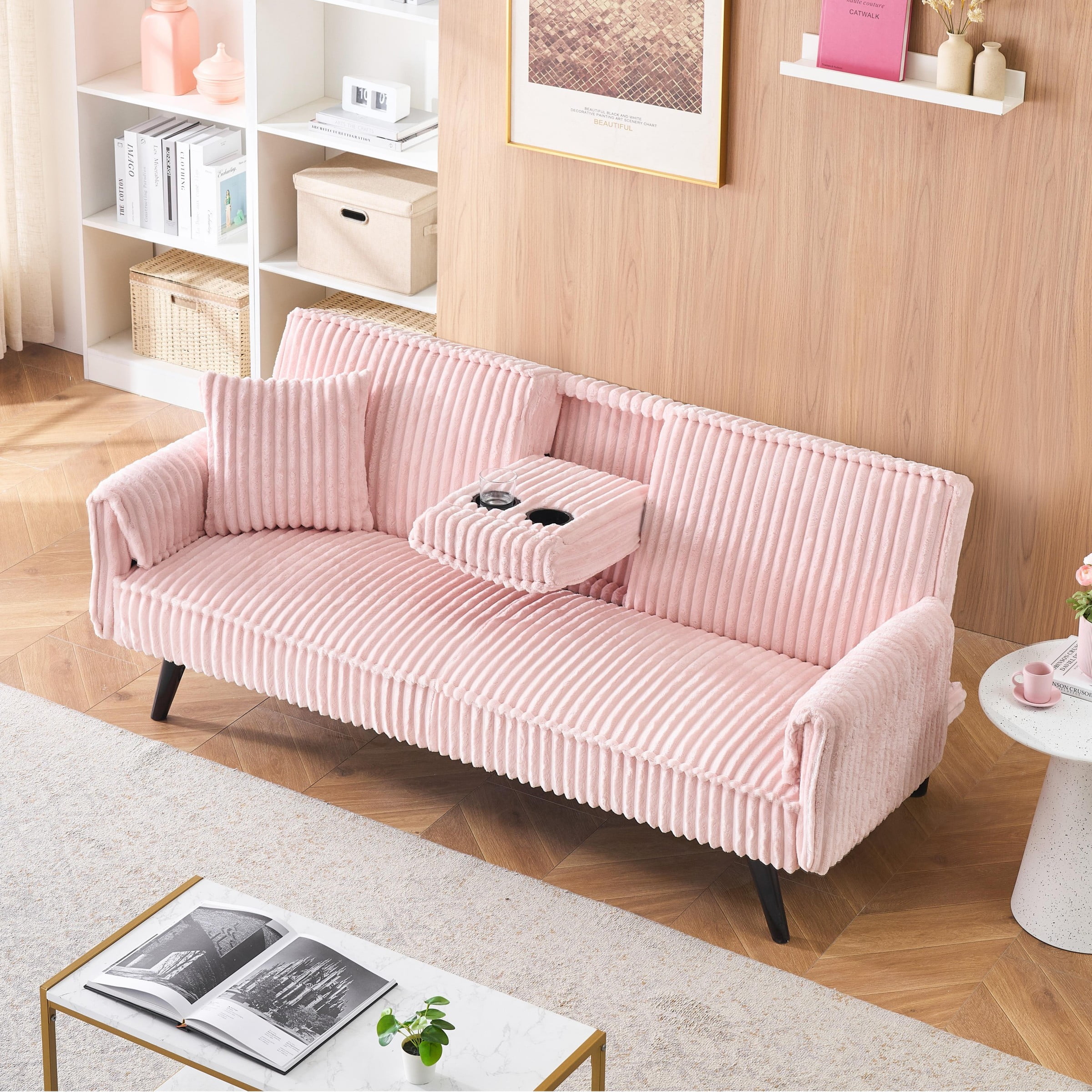 Jopath Modern Corduroy Futon Sofa Bed,Convertible Loveseat Sleeper Sofa Couch with Adjustable Backrest & Cup Holder for Living Room,Pink