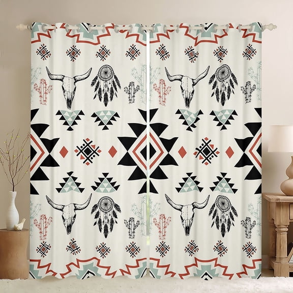 Erosebridal Beige Aztec Black Out Curtains, Farmhouse Dreamcatcher Cow Skull Print Curtains Pack of 2 (42x63 Each)