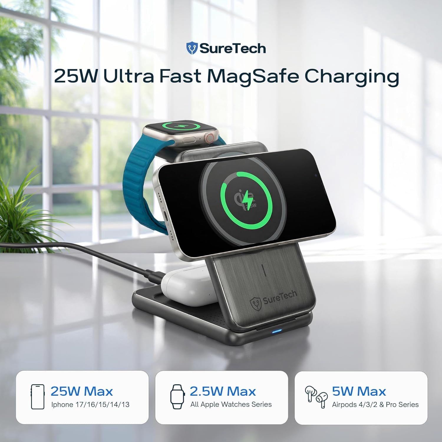 SureTech Qi2.2 Certified 3-in-1 Foldable Wireless Charging Station for Apple Devices with 65W Adapter, 25W Fast Charging Dock, Portable Magnetic Charger for iPhone 17-13, Apple Watch Series & AirPods