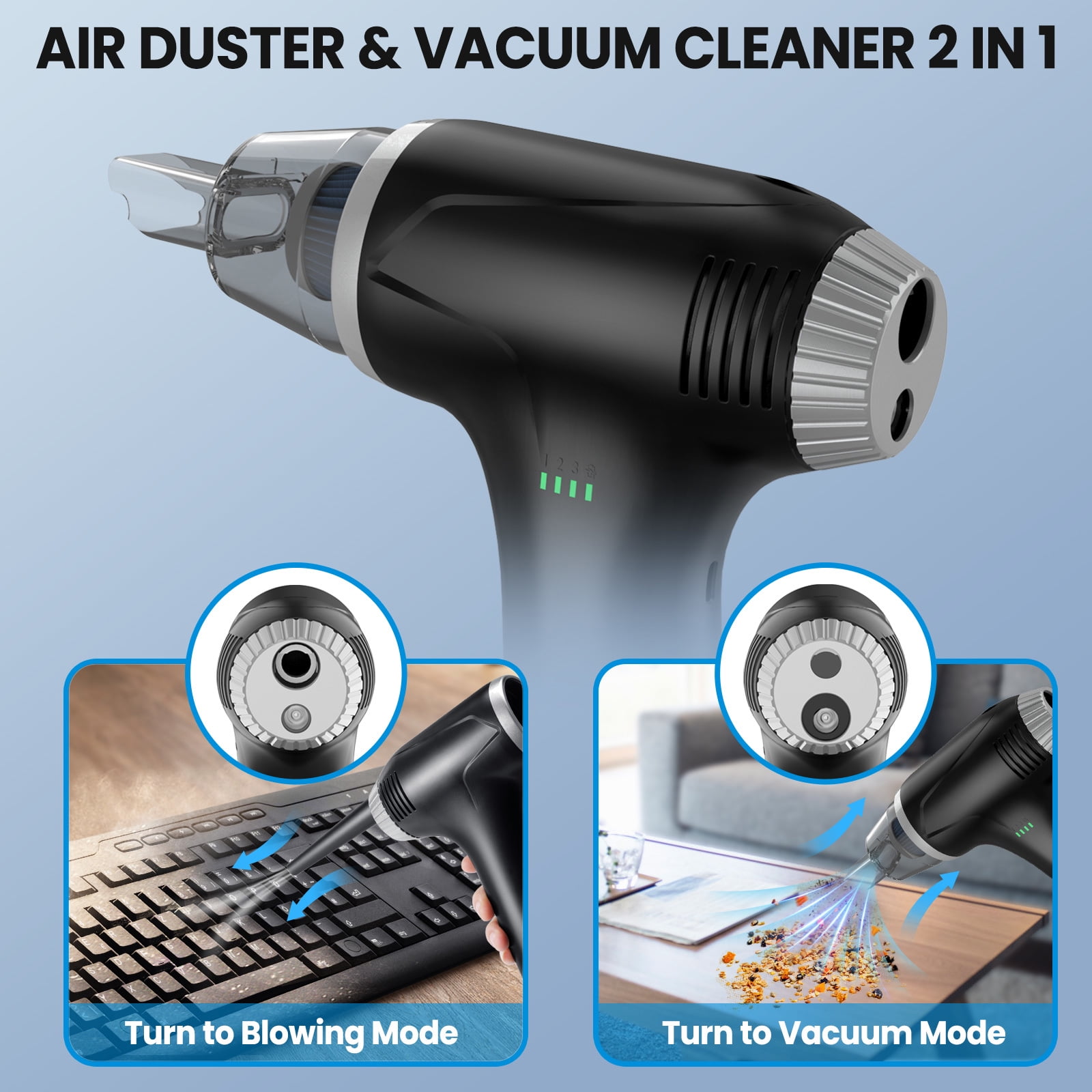 Air Duster, Air Blower & Vacuum 2-in-1, Mini Cordless Vacuum Cleaner for  Computer, Keyboard, Cameras, Fans, Cars, Powerful 60000 RPM, Replaces