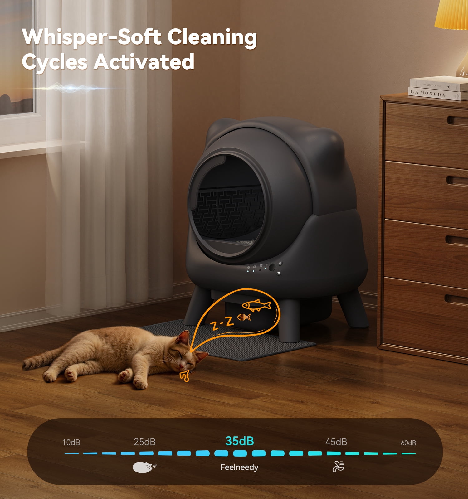 FeelNeedy Self Cleaning Cat Litter Box, 65L Large Automatic Litter Box with App Control Monitoring, Dual Safety Sensor, Odor Control, Includes Litter Mat and Waste Bags, Gray