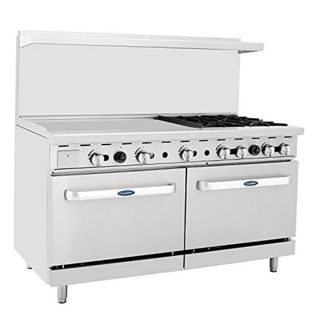 CookRite Commercial Natural Gas Range 4 Burner Hotplates With 36" Manual Griddle 2 Standard Ovens 60'' Restaurant Range - 229,000 BTU
