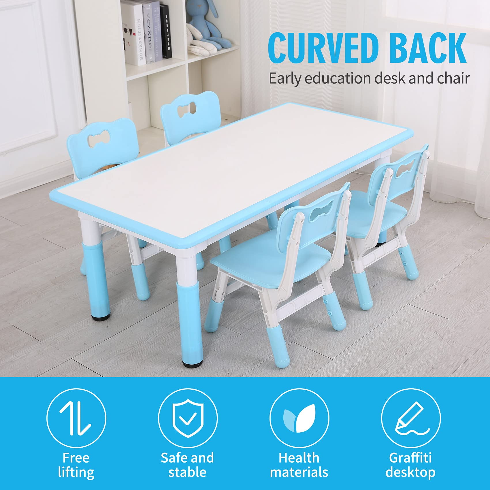 UNICOO® Kids Study Table and Chairs Set, Height Adjustable Plastic Children Art Desk with 4 Seats, Kids Multi Activity Table Set (White Top + Blue Border)