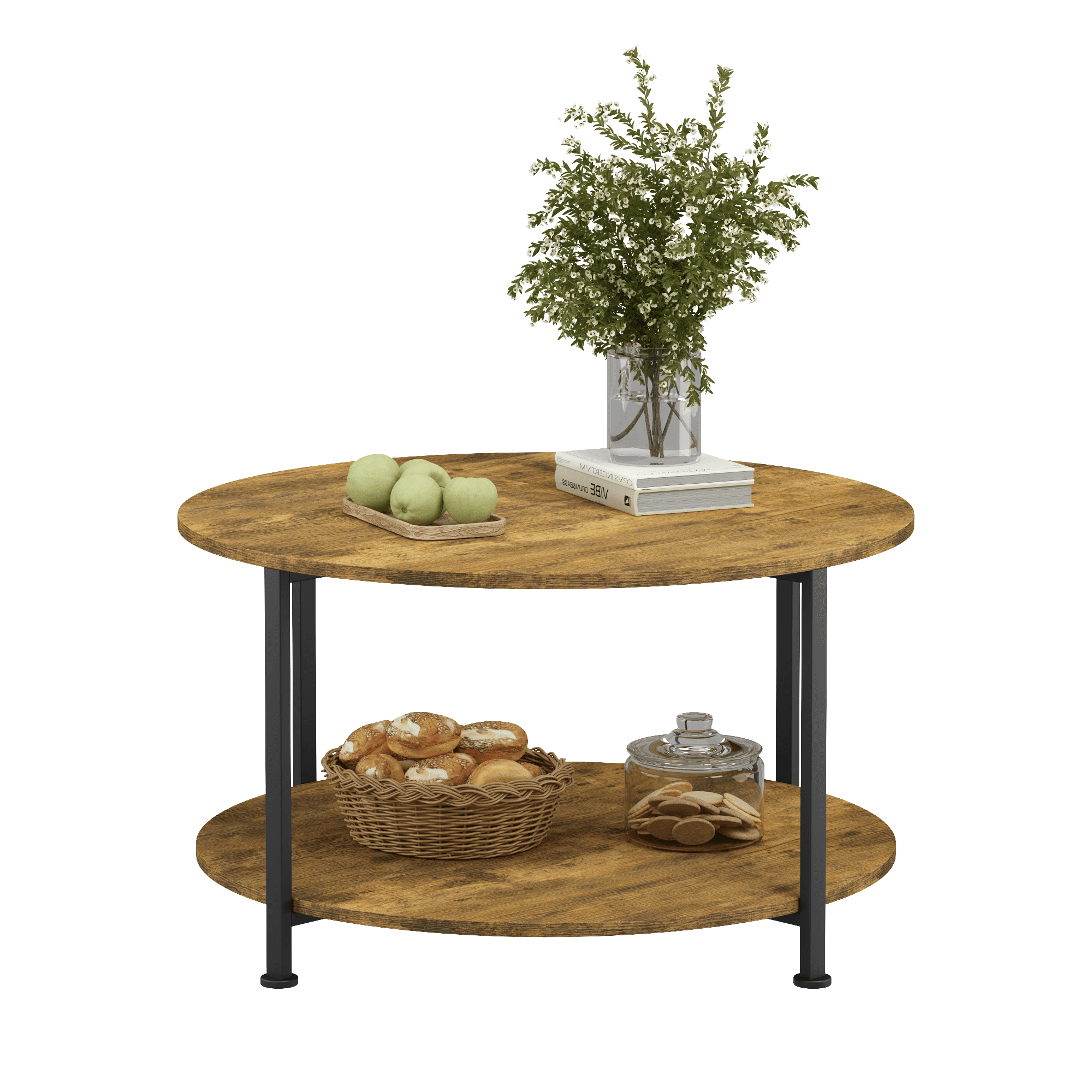 3-Piece Coffee Table and End Table Sets for Living Room, Round Coffee and End Table Set of 3 with Large Storage, Modern Farmhouse Furniture for Apartment Home (Rustic Brown)