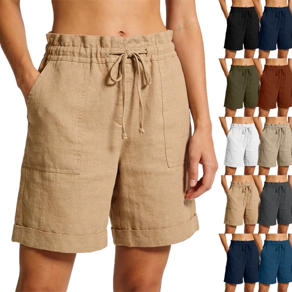 Lenago Women's Shorts Drawstring Casual Summer Shorts, Elastic Waist Loose Short Pants Rolled Cuff Hem With Side Pockets Beachwear