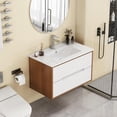 thumbnail image 3 of 32-Inch Wall-Mounted Bathroom Vanity With Sink Combo, Cabinet With Double Drawers,Soft-Close System,Ceramic Sink,Solid Wood,Easy to Install,Unique Handle-Free Design,Walnut+White, 3 of 24
