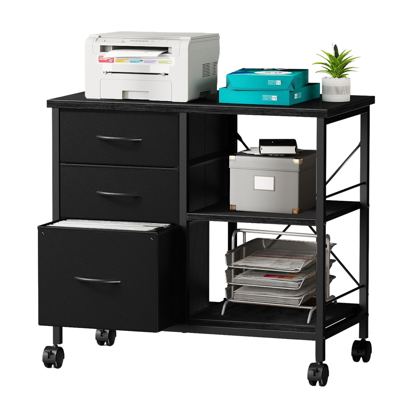 JIOABL 3-Drawer Mobile File Cabinet - Stylish Rolling Storage Solution with Open Shelf for Home Office, Black