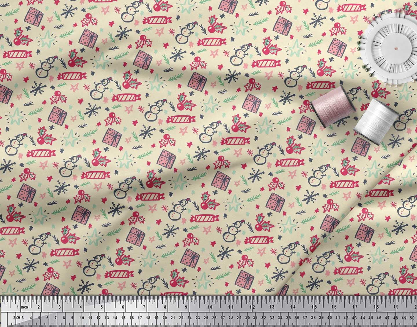Soimoi White Heavy Satin Fabric Snowman,Candies & Gift Box Christmas Printed Fabric 1 Yard 54 Inch Wide