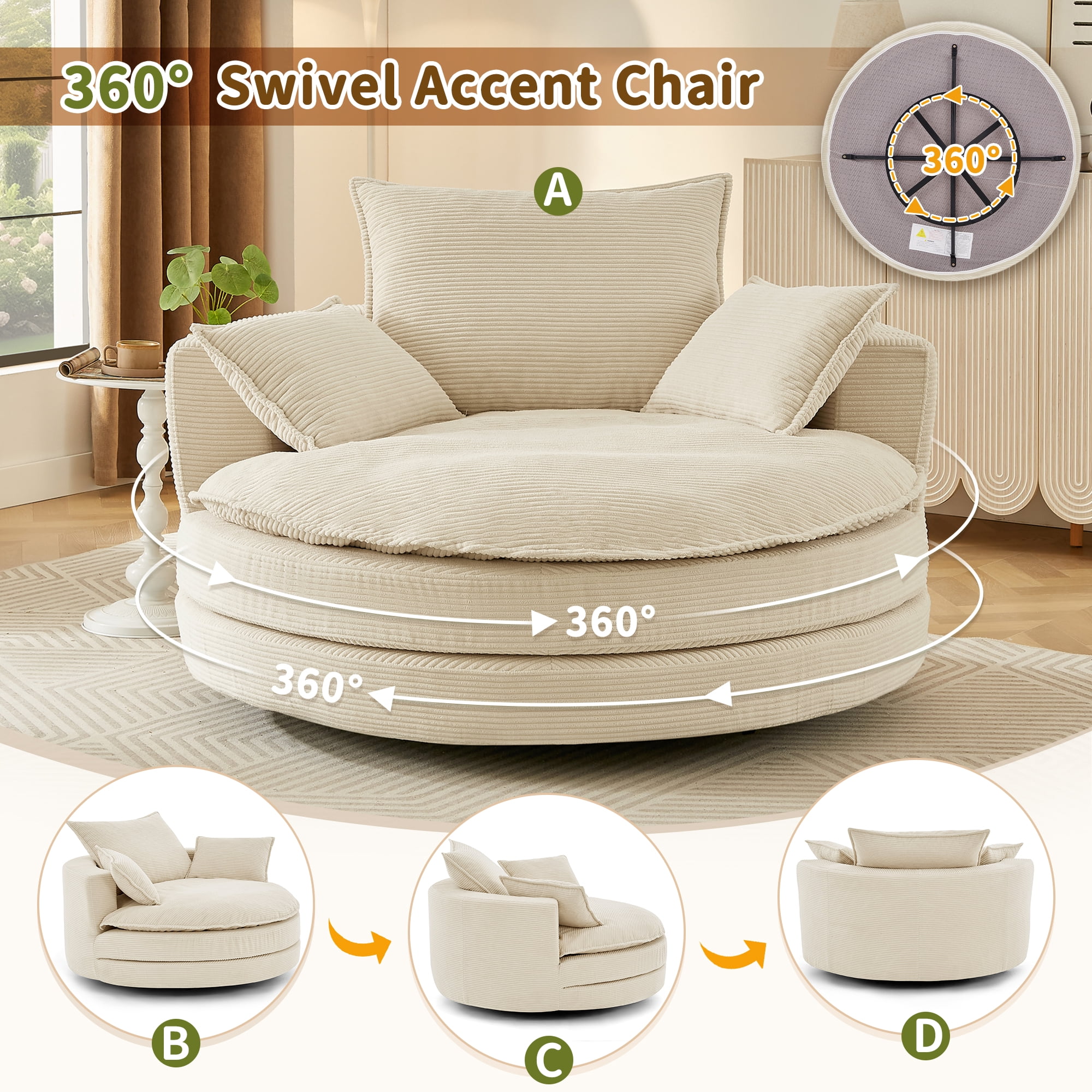 Euroco Oversized Round Swivel Chair with Corduroy Upholstery and Deep Seat, 360° Rotation Lounge Chair with Pillows for Living Room or Bedroom – 57.5" W x 56.5" D x 35.25" H