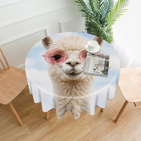 RKSupls 60 Inch Round Tablecloth, Alpaca In Pink Round Sunglasses Premium Polyester Straight Edge Wrinkle Resistant Washable Table Cover for Party Home Dining Decor