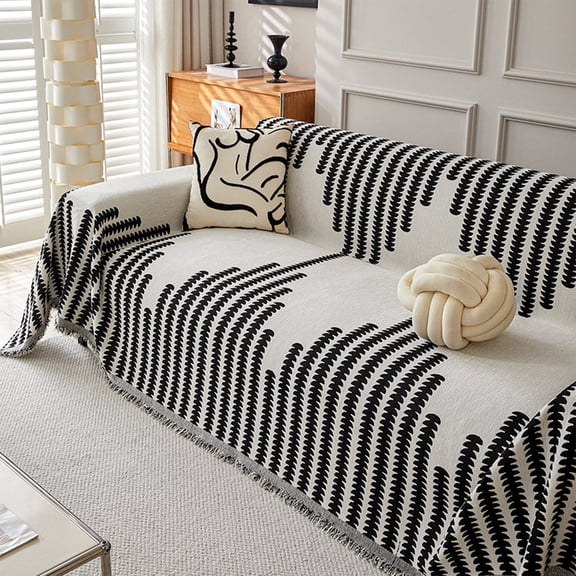 Couch Cover Sofa Covers Cushion with Tassel for Winter, Slipcovers Line Pattern Couch Covers, Warm & Non-Slip Seat Pad Home Decor for Living Room, Cozy Support for Sectional Couches(Black)