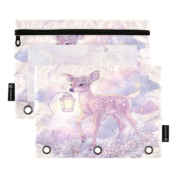 2 Pack 3 Ring Binder Pouch with Clear PVC Window Water Resistant Zipper Pencil Pouch Petal-crowned Deer Binder Pocket for Classroom Office Home Stationery Organization
