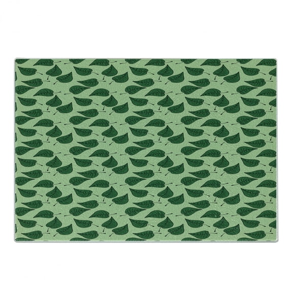 Leaves Cutting Board, Foliage Pattern Doodle Style Illustration Composition of Nature, Decorative Tempered Glass Cutting and Serving Board, Small Size, Pale Green Fern Green, by Ambesonne