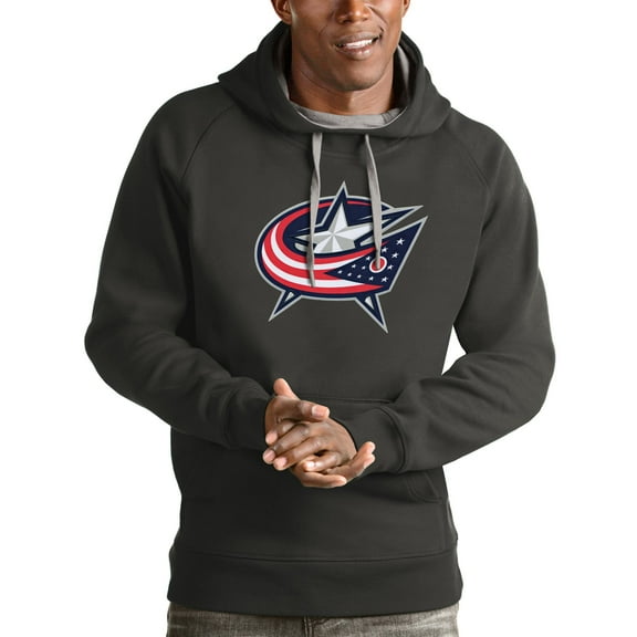 Men's Antigua Charcoal Columbus Blue Jackets Logo Victory Pullover Hoodie