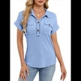 thumbnail image 1 of Camisas Casuales de Mujer con Botones, Corta, Solapa, Cuello en V, de Punto, Ropa de Playa con Bolsillos para Vacaciones. Azul XL, 1 of 10