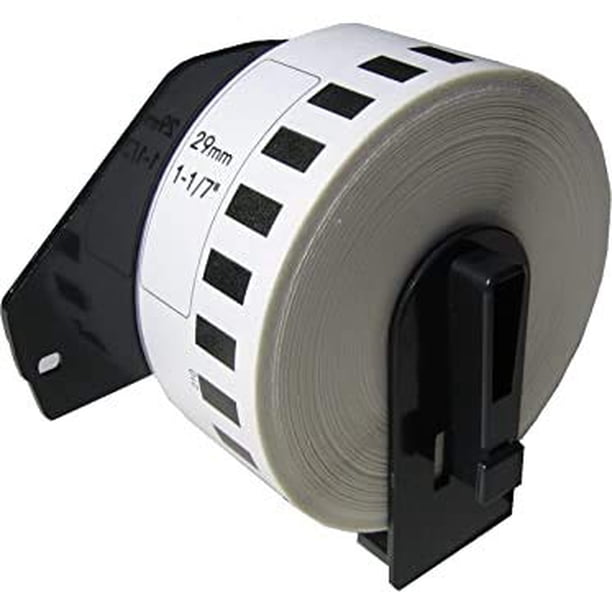 INKO - 10 Rollos Etiqueta DK2210 + 1 portarollos reutilizable compatible impresora Brother series QL, Recambio de etiqueta compatible para Brother DK-2210 (29mm ancho cinta continua 30 mts)
