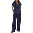 thumbnail image 3 of Linen Sets for Women 2 Piece Summer Casual Short Sleeve V Neck Button down Shirts Matching Loose Wide Leg Pants, L, 3 of 8