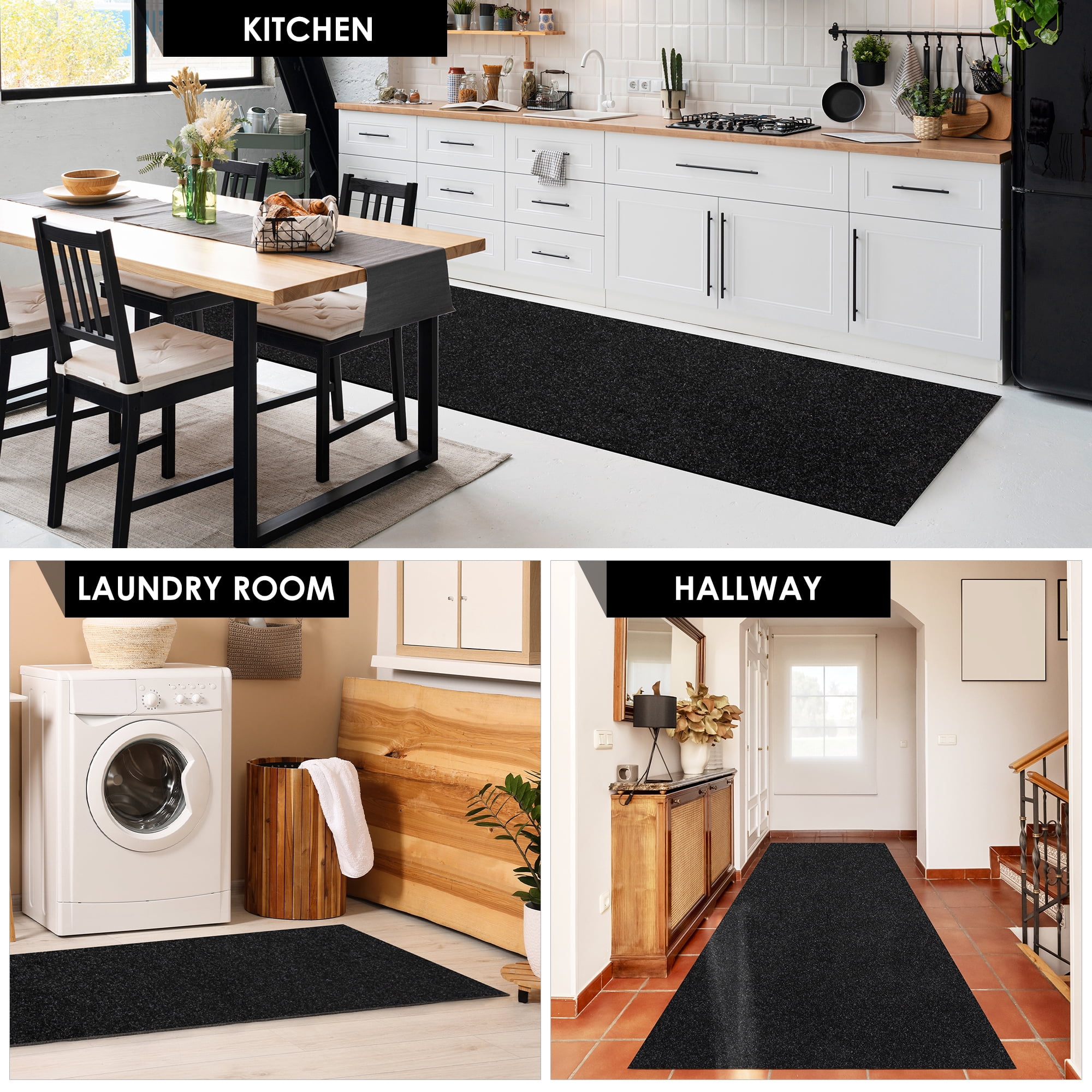 Koloko Outdoor Runner Rug Indoor Non-Slip Area Rugs Custom Size Carpet Runners with Rubber Backing Mat for Hallway Kitchen Entryway Garage Laundry Solid Black, 2ft x 16ft