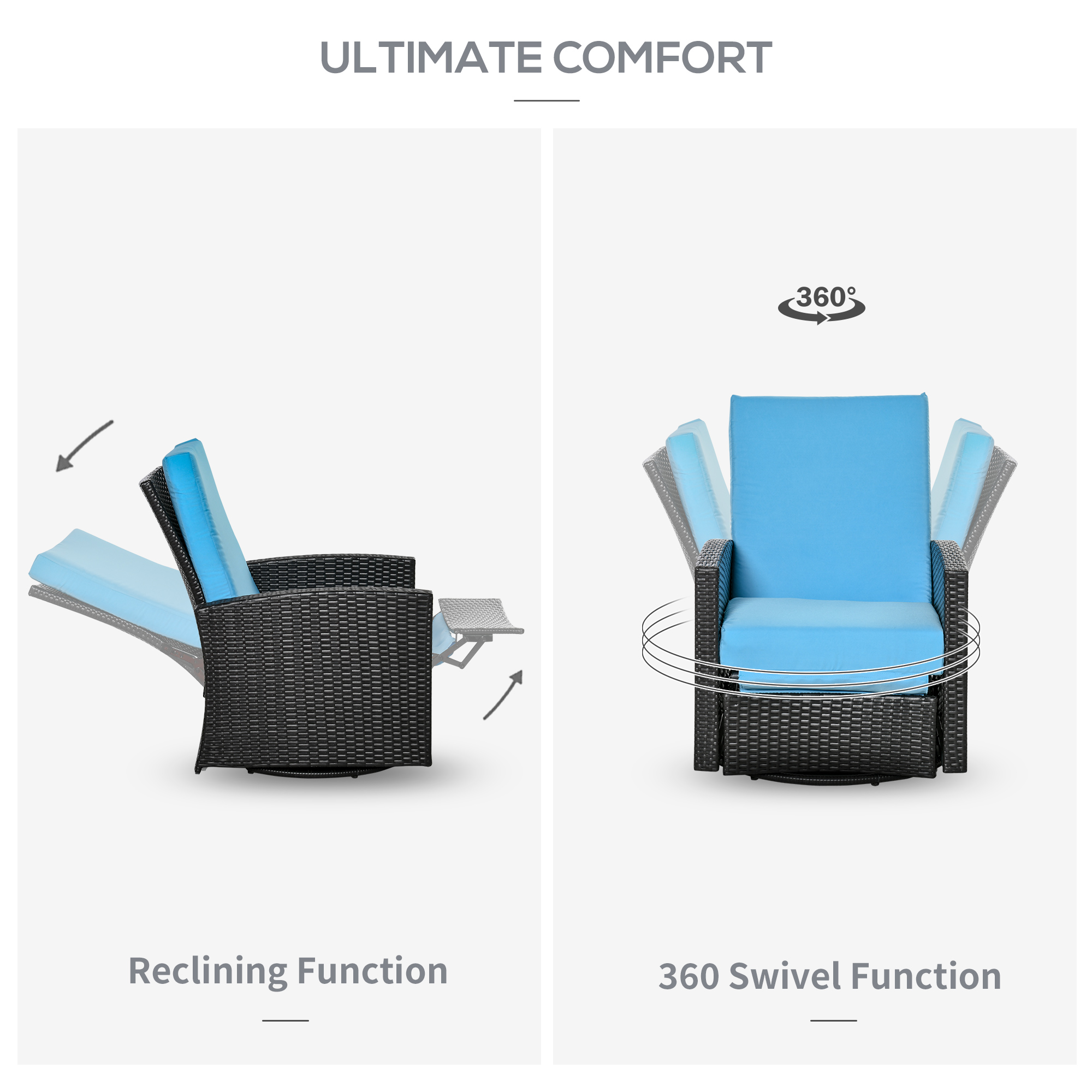 Outsunny Outdoor Wicker Swivel Recliner Chair, Reclining Backrest, Lifting Footrest, 360Â° Rotating Basic, Water Resistant Cushions for Patio, Light Blue - image 4 of 9