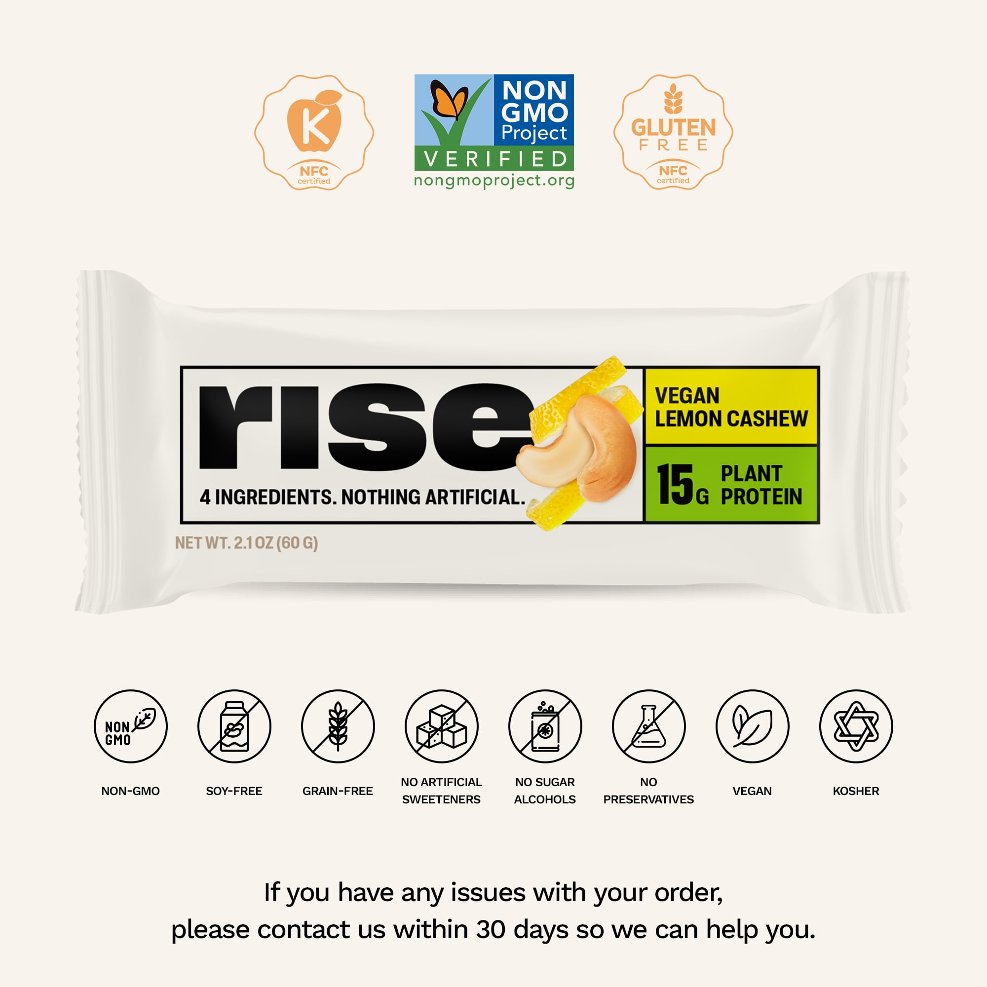 Rise Pea Protein Bar - Vegan Lemon Cashew | Breakfast Bar & Protein Snack 15g Protein Just 3 Whole Food Ingredients Non-GMO Gluten-Free Soy Free (12 Count)