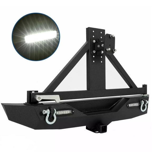 Kojem Steel Rear Bumper Compatible with 2007-2018 Jeep Wrangler JK with Tire Carrier Bumper w/Lockable Tire Carrier 2" Receiver 2Pcs High Powered LED Floodlights Textured Black 2 Packages