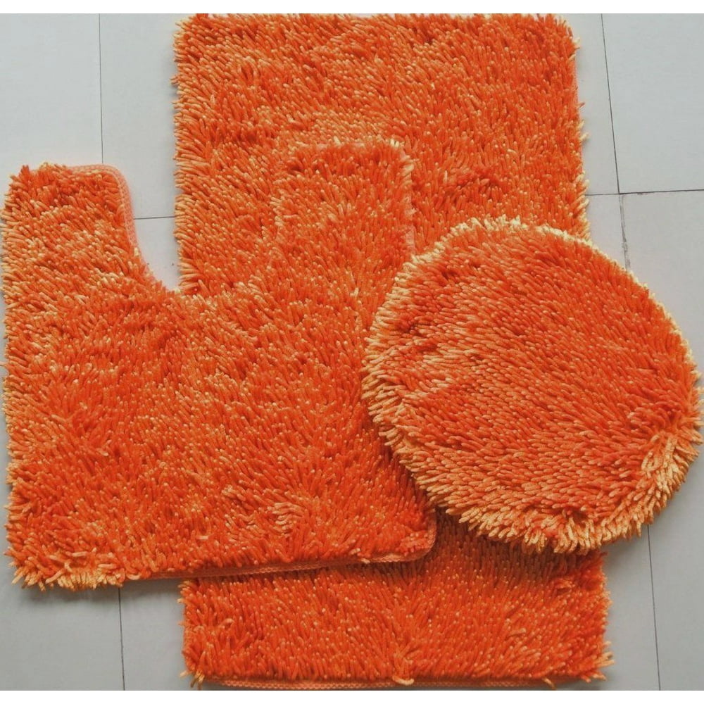 3 PIECE SHINY SOFT PADDED CHENILLE SHAG BATH RUG, CONTOUR RUG AND LID