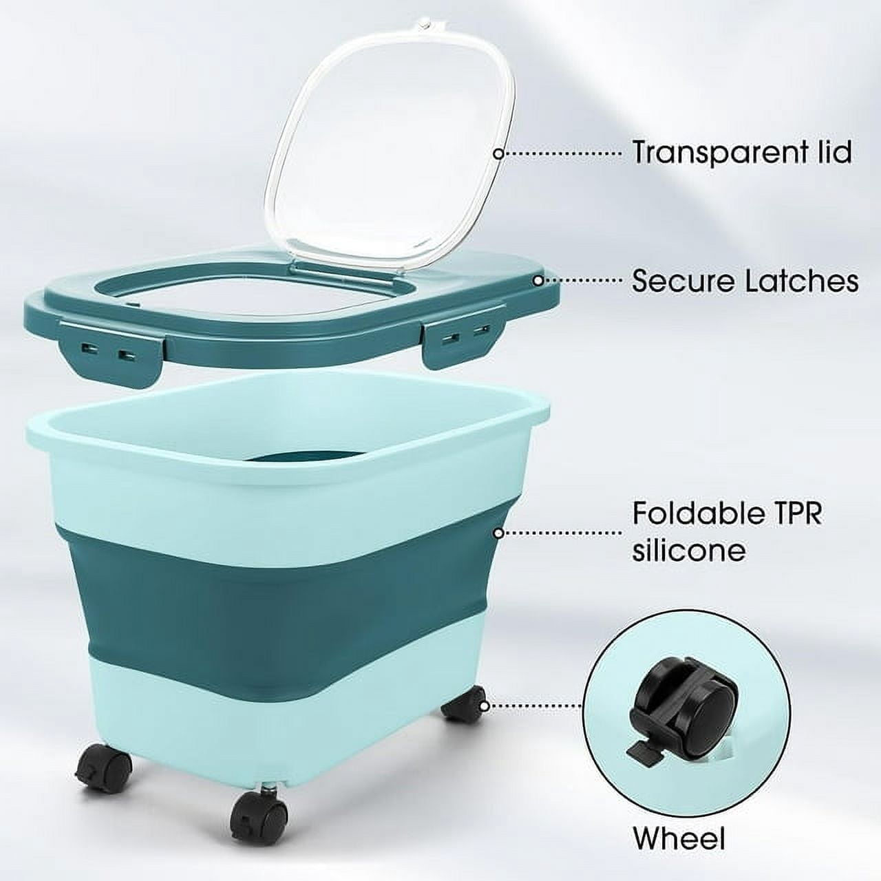 25 Lbs Dispenser Bin with Rolling Wheel Airtight Locking Lid, Cereal Rice Food Storage Containers, Dog Pet Flour Sugar Plastic Leakproof Sealable Large Kitchen Pantry Holder Green