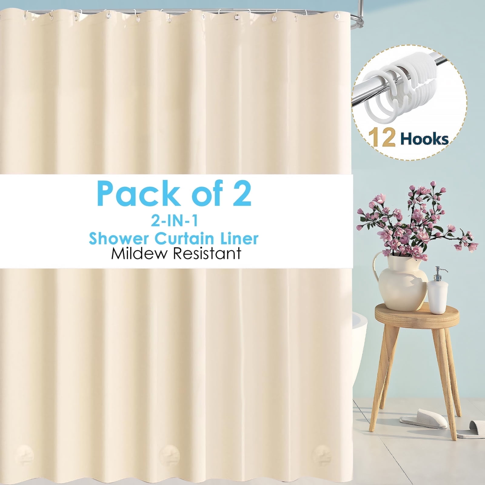 Dznils Extra Long Beige PEVA Shower Curtain Liner with Hooks Mildew Resistant, 72" W x 78" H, 2 Pack