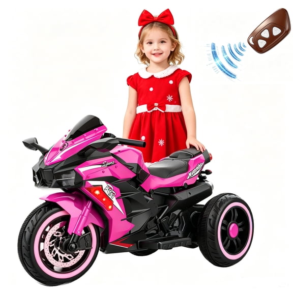 YOMYM 12V Kids 3 Wheel Electric Ride On Motorcycle for Girls, Parent Remote Control Battery Powered Racing Motorbike, Bluetooth Music, Rechargeable Electric Bike for Girls Ages 3-6