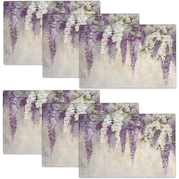 Wisteria Flower Summer Placemats Set of 6, 12x18 Inch Floral Table Place Mat Spring Washable Non-Slip Heat Resistant Fabric Placement Mats for Dining Kitchen Indoor Outdoor Decor