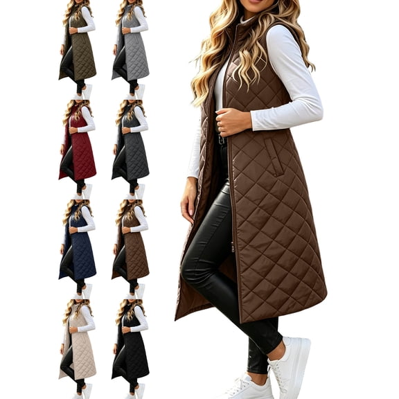 Zip Up Puffer Vests for Women,Stand Collar Sleeveless Oversized Long Quilted Warm Coat With Pockets