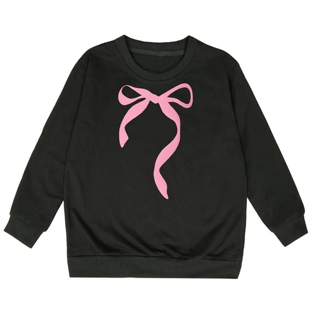 PMVFHDE Sweat à Capuche pour Fille, Manches Longues, Col Rond avec Nœud, Noir, 9-10 Ans