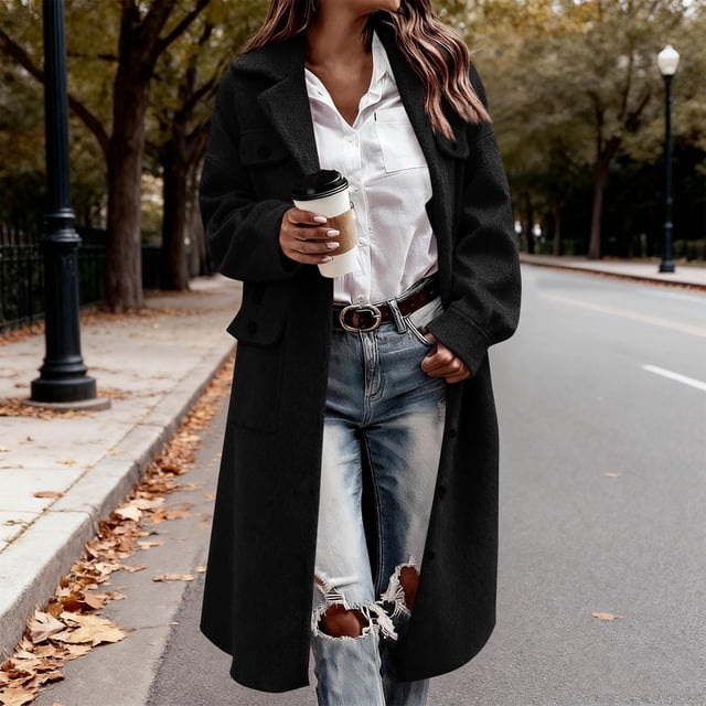 Women Elegant Wool Pea Coat Lapel Collar Single Breasted Mid-Long Winter Overcoats with Belted Pockets