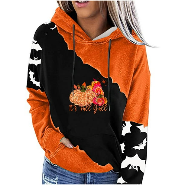 Blusa de manga larga suelta con estampado de Halloween a la moda para mujer, camisetas informales, sudaderas con capucha Fridja bvmnju5231