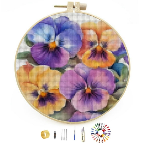 Watercolor Pansy Flower Easy Stamped Cross Stitch Kits for Beginners with Hoop Simple Patterns 11CT Counted Embroidery Needlepoint Crafts Arts for DIY Enthusiasts and Home Decor 30x30cm(2)