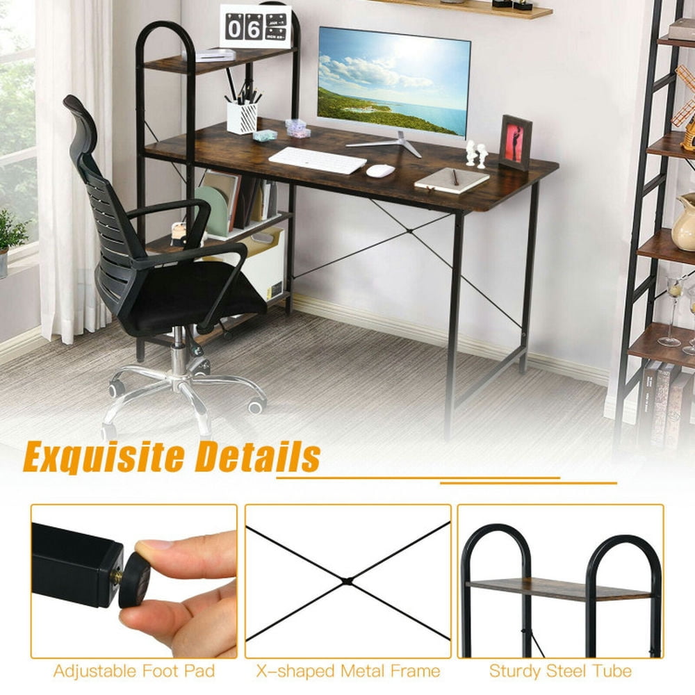 Demi Bonn 48" Reversible Computer Desk with Storage Shelf, Small Home Office Desk Study Writing Table, Rustic Brown